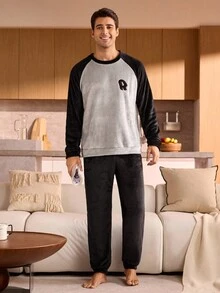 Provexi Provexi 男士撞色拼接长袖上衣和长裤蓬松睡衣套装，秋冬服装，舒适保暖 - 黑色 - 查看 4