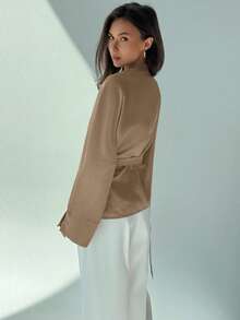 Aloruh Women's Solid Color Cross-Wrap Long Sleeve Fashionable Waist Shirt