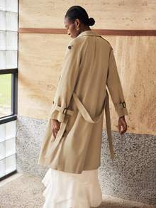 Maija 2025新款女士纯色插肩袖双排扣休闲保暖风衣，秋冬季，女士冬季外套，女士秋季保暖风衣，新年女士外套，感恩节女士外套，女士休闲外套 - 卡其色 - 查看 2
