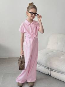 SHEIN 2 件套青少年女孩条纹棉质短袖衬衫搭配阔腿裤套装，春夏度假休闲、度假、夏季、旅行