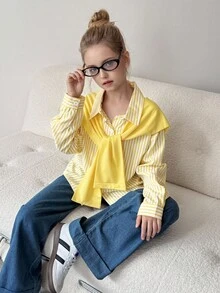 3件套：女童条纹长袖衬衫（带可拆卸披肩），搭配宽松休闲牛仔裤，适合休闲装，春夏季 - 黃色 - 查看 6