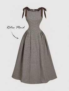 SHEIN MOD 圆领无袖撞色饰边蝴蝶结腰部喇叭格子连衣裙 - 彩色 - 查看 5