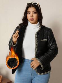 Zelara Plus Size Contrast Color Casual Long Sleeve Padded Coat, Versatile And Warm For Autumn/Winter Black Quilted Jacket Women Women Quilted Jacket Quilted Jacket With Trim Black Jacket With Gold Trim Lightweight Quilted Jacket Cropped Jackets Winter Jackets Autumn Party Fall - Black - View 1