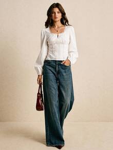 Poéselle 女式撞色蕾丝蝴蝶结装饰褶皱设计优雅衬衫 - 白色 - 查看 5