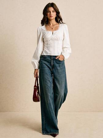 Poéselle 女式撞色蕾丝蝴蝶结装饰褶皱设计优雅衬衫