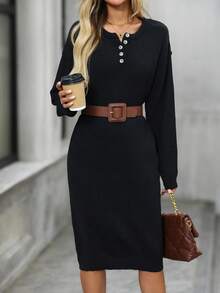 EMERY ROSE 女士休闲纯色针织连衣裙，百搭秋冬 - 黑色 - 查看 1