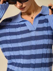 Hanevo Suéter casual versátil con cuello polo, tejido de punto de cable y bloques de color a rayas para otoño/invierno - Azul - Ver 7
