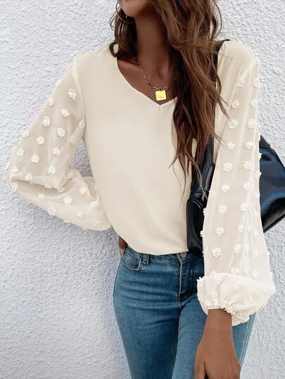 EMERY ROSE Women's Solid Color V-Neck Casual Loose Fit Long Sleeve Blouse