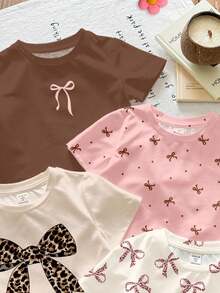 SHEIN 4件套女婴休闲简约蝴蝶结圆领短袖T恤，四季皆宜 - 米白色、米色、米粉色、复古豹纹蝴蝶结、迷你波点蝴蝶结