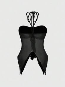ROMWE Fairycore Summer Asymmetrical Hem Seashell Decor Spaghetti Strap Camisole For Women - Black - View 2