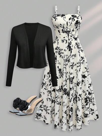 Franclia 大码女式优雅纯色夹克和花卉印花吊带背心连衣裙两件套