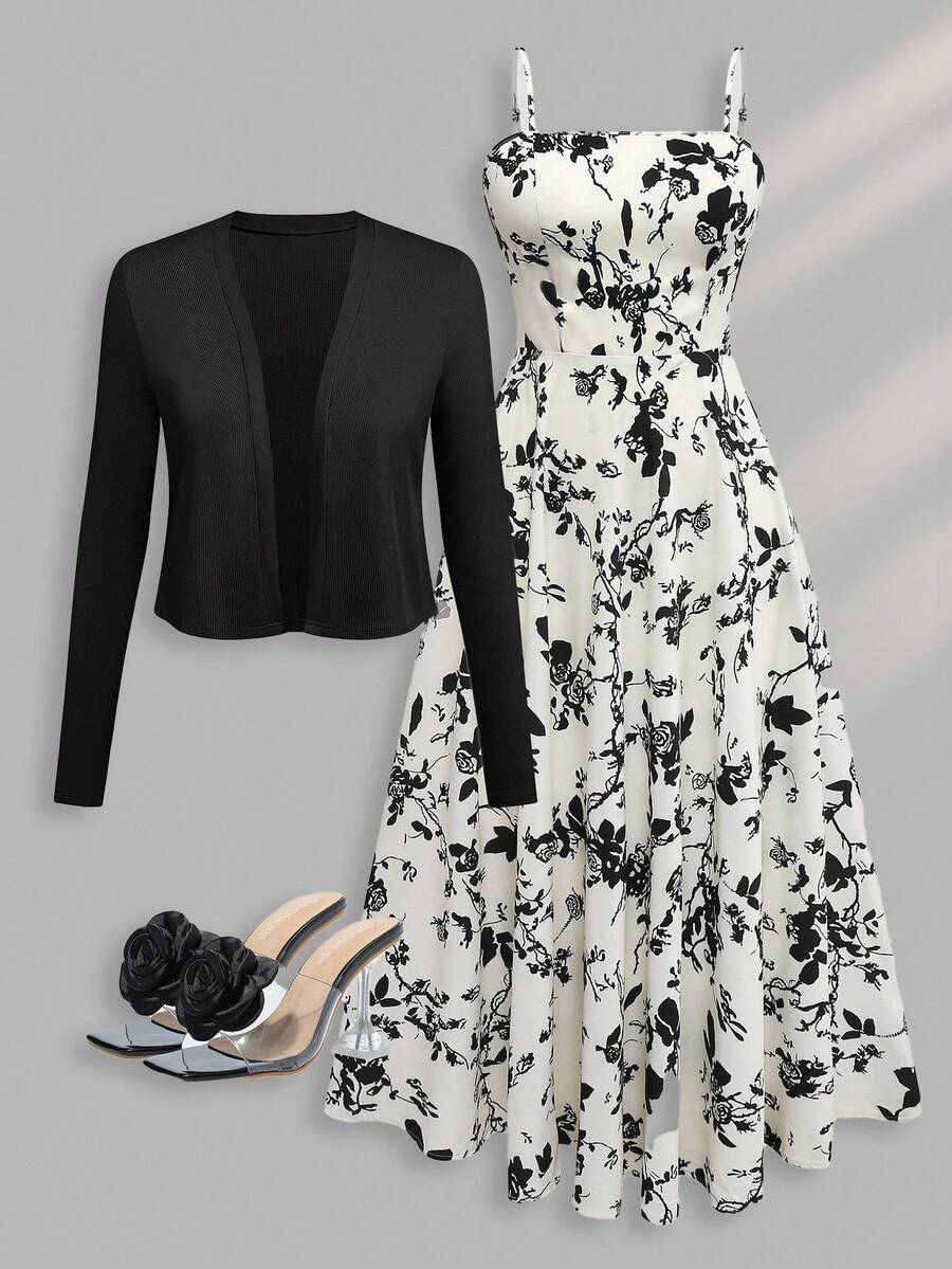 Franclia 大码女式优雅纯色夹克和花卉印花吊带背心连衣裙两件套 - 黑與白 - 查看 1