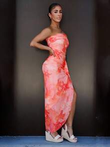 SAYEHFBABY Vestido Bustier com Bainha Franzida e Estampa Floral para Férias - Laranja - Visão 6