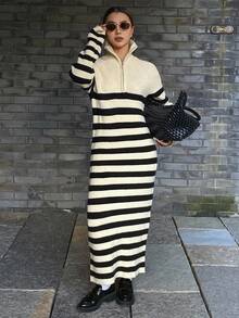 DAZY Women's Casual Loose Contrast Striped Half-Placket Sweater Dress, Autumn - Beige - View 3
