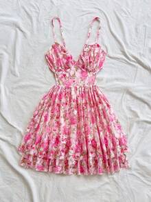 Soleia Women's Romantic Pink Floral Print Chiffon Flowy Sexy V-Neck Ruched Cutout Backless Double Layered A-Line Mini Dress, Suitable For Vacation, Party, Date, Valentine's Day, Afternoon Tea Floral Sundress Floral Summer Dress Spring Dress Rose Dress