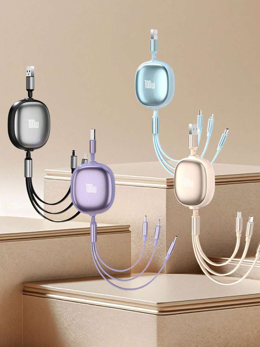 三合一 100W 快速充电充电器线和可伸缩一拖三电缆，TPE 充电数据线兼容 和系列，高效充电线兼容 、Android、相机、MP3 通用适配器 - 彩色 - 查看 1