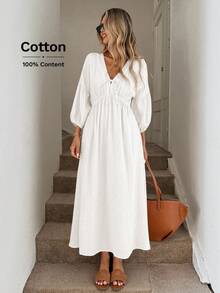 Easowa Đầm suông cổ chữ V, thắt nơ, tay áo đèn lồng, eo nhún, dáng chữ A, viền xòe, hai lớp, chất liệu vải crepe 100% cotton, dáng rộng, phong cách cổ điển, thường ngày dành cho nữ - trắng - Xem 5