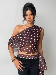 Aloruh 女士优雅不对称腰部透视系带露肩波尔卡圆点印花衬衫 - 彩色 - 查看 5