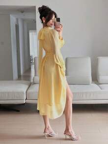 DAZY Đầm dự tiệc, hẹn hò, dáng rộng, dài ngang gối dành cho nữ, đầm thường ngày, đầm sinh nhật, quần áo cỡ lớn cho nữ, đầm dự tiệc mùa hè, đầm dạ hội, đầm thanh lịch cho nữ. - Màu vàng - Xem 4
