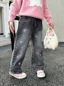 SHEIN Explorewe Girls' Fashionable Casual Heart Embroidery Loose Straight Leg Jeans Fall Winter Girls Heart Jeans Girls Embroidered Jeans - Black - View 6