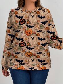 EMERY ROSE Halloween Ghost, Bat, Pumpkin Print Plus Size Women Casual Loose Fit Crew Neck Long Sleeve Pullover Sweatshirt, Autumn/Winter Fall Ghost Print Sweater Fall Sweater Bat Sweater Halloween Sweater Pumpkin Sweater Autumn Print Cardigan Fall Tops Fall Shirts Artwork Print Design Sweater Ladies Long Sleeve Sweater - Multicolor - View 4