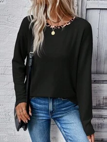 EMERY ROSE Áo thun dài tay cổ bẻ họa tiết da báo bán chạy nhất dành cho nữ, Thu/Đông - màu đen - Xem 3