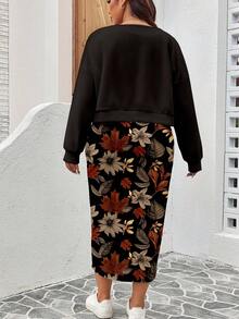 EMERY ROSE 2 件套返校和教师节大码女式休闲复古秋季花卉和叶子印花运动衫连衣裙套装，秋冬 - 彩色 - 查看 2