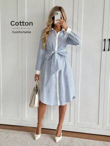 Easowa 女式条纹长袖单排扣系腰休闲中长衬衫裙 - 藍白色 - 查看 4