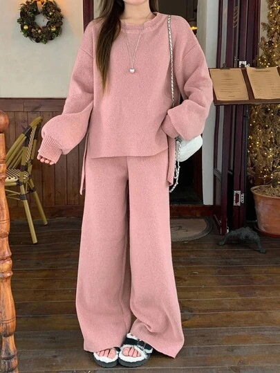 DAZY 女士休闲纯色针织毛衣和裤子两件套，秋季