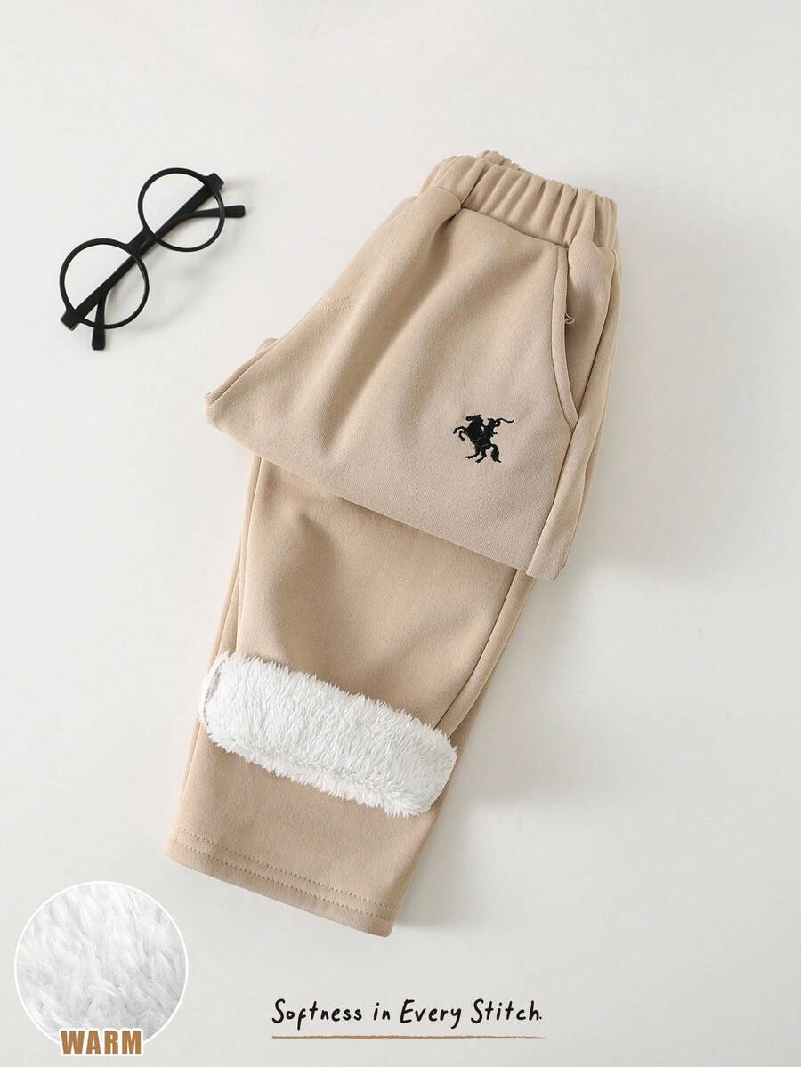 Cozy Pixies 3pcs Set: Young Boy Horse Pattern Elastic Waist Thermal Lined Pants Warm Sweatpants Young Boys Young Boys Sweatpants Thermal Lined Sweatpants Young Boys Sweatpants Khaki Pants For Young Boys Winter Sweatpants Boy Sweatpants Set Pants Cute Pants Khaki For Young Boys - Khaki - View 1