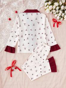 Genkimix Kids 2 件女童可爱樱桃和蝴蝶结印花长袖开衫和裤子套装，休闲舒适的家居服 - 彩色 - 查看 2