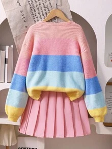 SHEIN Sparklyn 2件套女童彩虹毛衣和百褶裙套装，甜美校园风，适合秋季 - 粉色 - 查看 2