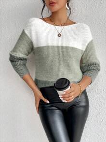 EMERY ROSE Women's Casual Loose Fit Contrast Color Drop Shoulder Long Sleeve Pullover Sweater, Autumn - Multicolor - View 3