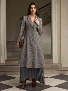 ZEYLAH Áo khoác dài thắt eo thêu cho nữ, mùa thu/đông - Cà phê nâu - Xem 4