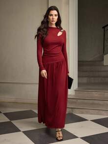 ZEYLAH Elegantes gerafftes Dekor-Knopf-Hohlkleid, Herbst/Winter - Rot - Übersicht 5