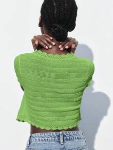 Maija 2025 Automne/Hiver Cardigan à boutons devant avec bordure en dentelle verte, pull tricoté, chic urbain pour le trajet, la fête, l'invité de mariage, vêtement d'extérieur inspiré du vintage - Vert - Voir 7