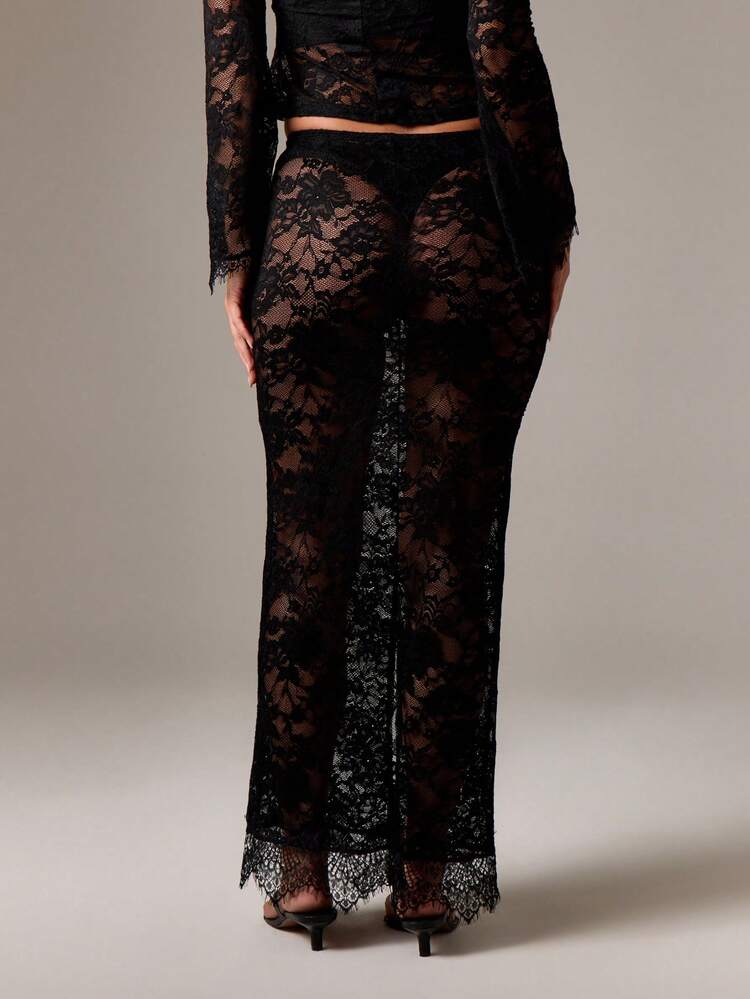 AiiRZ Midaxi Pencil Skirt With Intricate Lace And Eyelash Hem For Evening Party Occasions