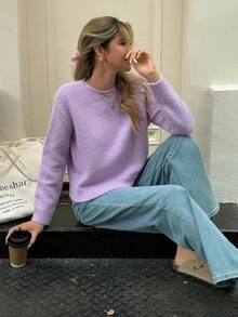 Livesso 女士日常休闲纯色落肩毛衣秋季 - 紫色 - 查看 5