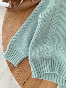 SHEIN Young Girl Cable Pattern Turtleneck Long Sleeve Sweater And Knitted Pants Casual Set, Autumn/Winter Fall - Green - View 4