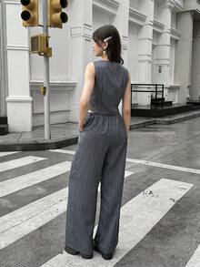 2pcs Set: Elegant Striped Vest + Suit Pants For Teens, Urban Commuting & Party Outfit - Grey - View 2