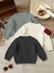 Set de 3 suéteres tejidos de cuello redondo de manga larga con ajuste holgado para niño, apropiados para otoño/invierno en colores carbón, gris medio y beige - Multicolor - Ver 2