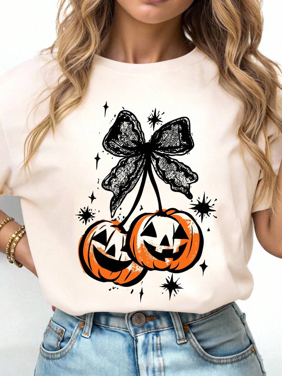 EMERY ROSE Kaos Halloween Ukuran Besar, Kaos Grafis Ukuran Besar untuk Streetwear, Atasan Musim Panas Lengan Pendek yang Lucu - Aprikot - View 1