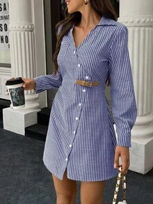 EMERY ROSE Women's Striped Long Sleeve Single-Breasted Casual Shirt Dress, Autumn - Blue and White - View 5
