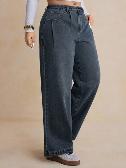 Dazy Plus 大码女式做旧水洗宽松阔腿长牛仔裤，休闲款，适合秋季及所有季节