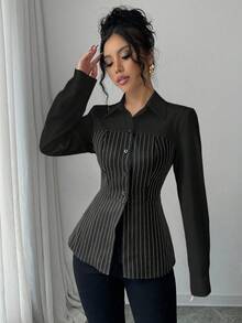 Elenzga 时尚通勤单排扣条纹拼布衬衫 - 黑與白 - 查看 6