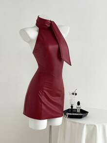 Elamini 酒红色 PU 皮革复古性感别致露背系带腰身修身迷你连衣裙 - 酒紅色 - 查看 5