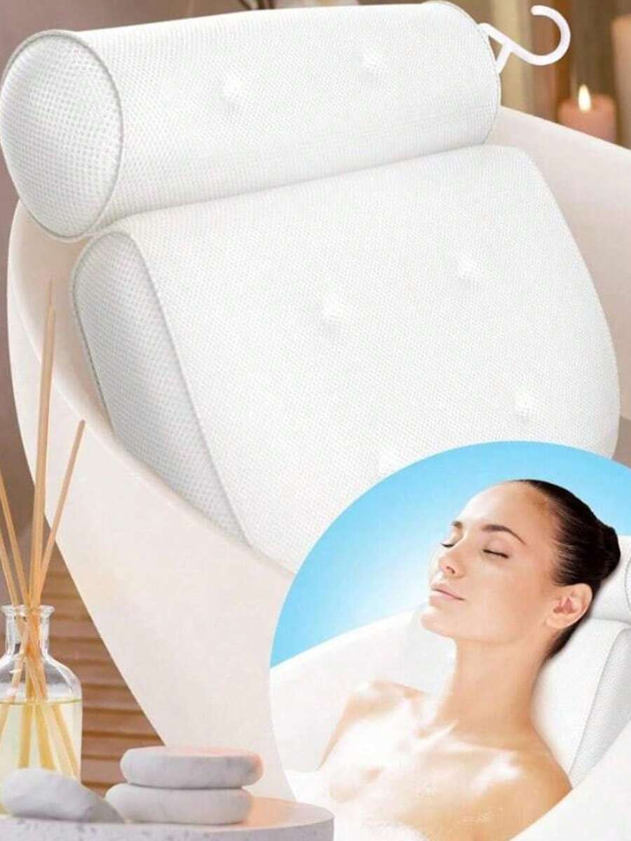SHEIN 3D Bath Pillow With 6 Suction Cups, Waterproof Non-Slip Spa Bathtub Headrest Pad, Machine Washable Thickened Bath Cushion For Relaxation - White - View 1