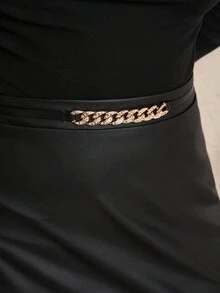 Chikora Plus Size Elegant Metal Chain Decor High Stretch PU Skirt, Autumn/Winter,Business Casual - Black - View 6