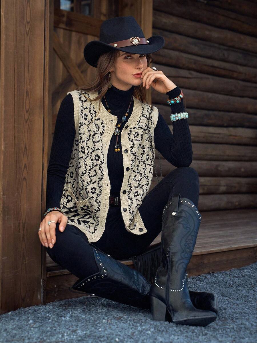 LanaWest Áo khoác cardigan dáng rộng, họa tiết chắp vá, có túi cài nút phía trước, phong cách du lịch thường ngày dành cho nữ, mùa thu/đông - Màu be - Xem 1