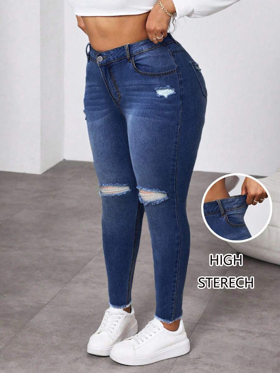 SHEIN ICON Jeans de talle alto, ajustados y desgastados de talla grande para mujer